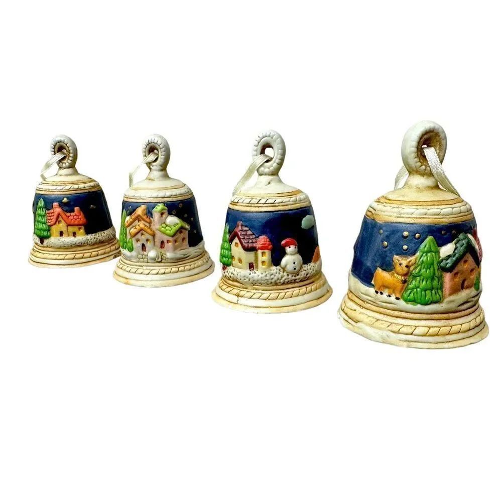 Four Vintage 1999 Ceramic Bell Christmas Holiday Tree Ornaments Winter Scene